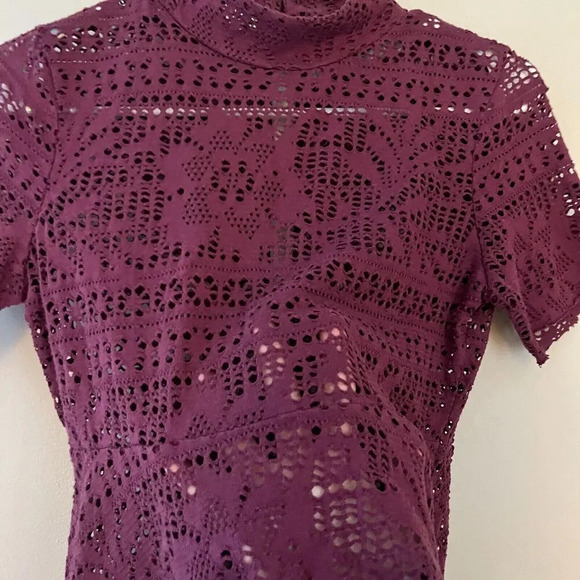 Free People Beach Women Purple A Line Dress S Short Sleeve Lace Floral Mock Neck - Picture 6 of 12